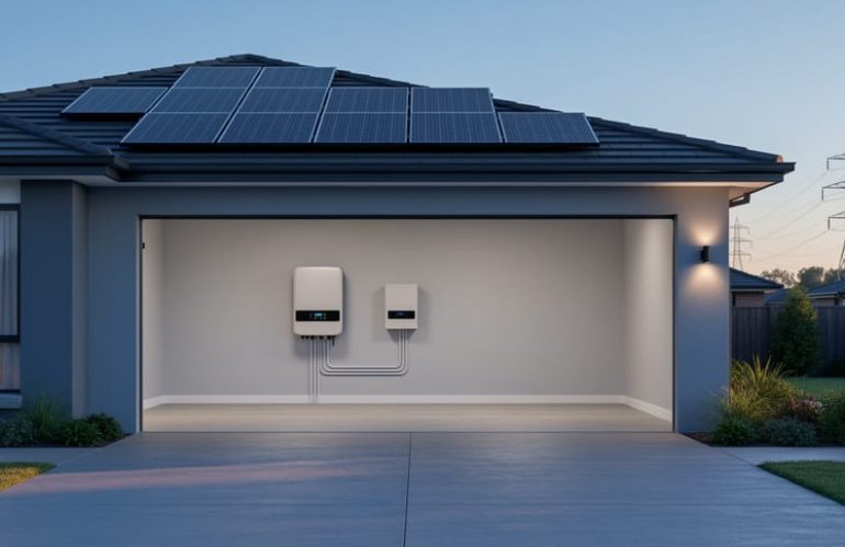 Wall-mounted bi-directional inverter and home battery in an open garage of a modern house with rooftop solar panels, warm interior lights glowing, and utility lines in the background.
