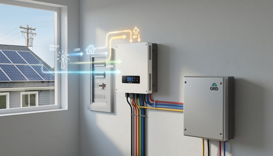 Bi-directional inverter unit mounted on home exterior wall with battery storage system