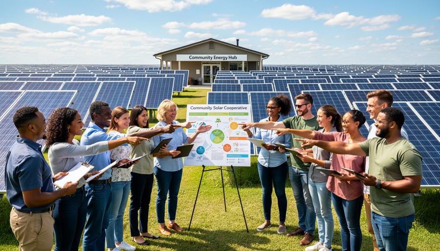 Three community members reviewing community solar cooperative documents together at home