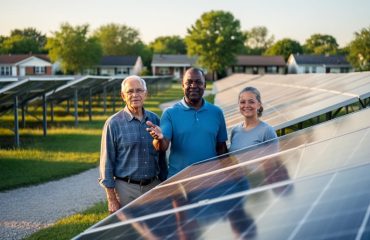 Three neighbors stand beside angled rows of solar panels at a local solar farm during golden hour, with suburban homes and trees softly blurred in the background.