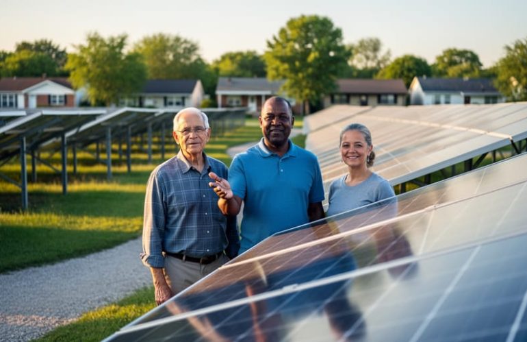 Three neighbors stand beside angled rows of solar panels at a local solar farm during golden hour, with suburban homes and trees softly blurred in the background.