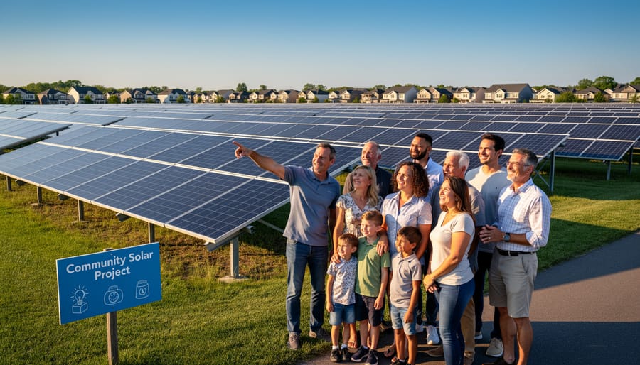 Diverse group of community members viewing shared solar panel array in field with homes in background