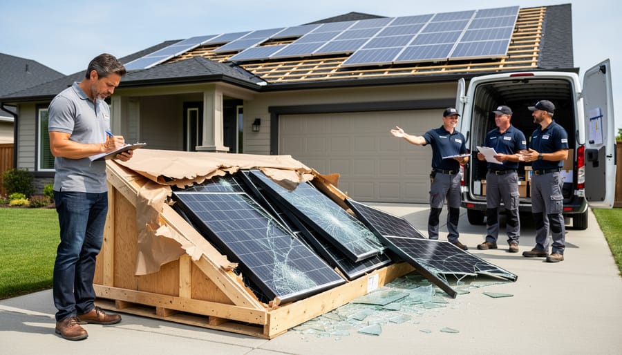 Damaged solar panel with visible crack showing transit damage