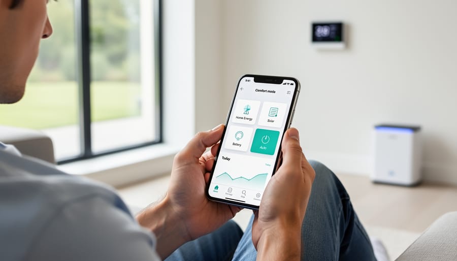 Person holding smartphone showing energy management app interface