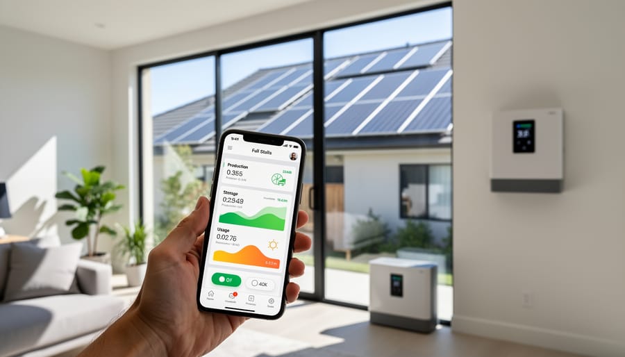Hand holding smartphone showing home energy management system dashboard