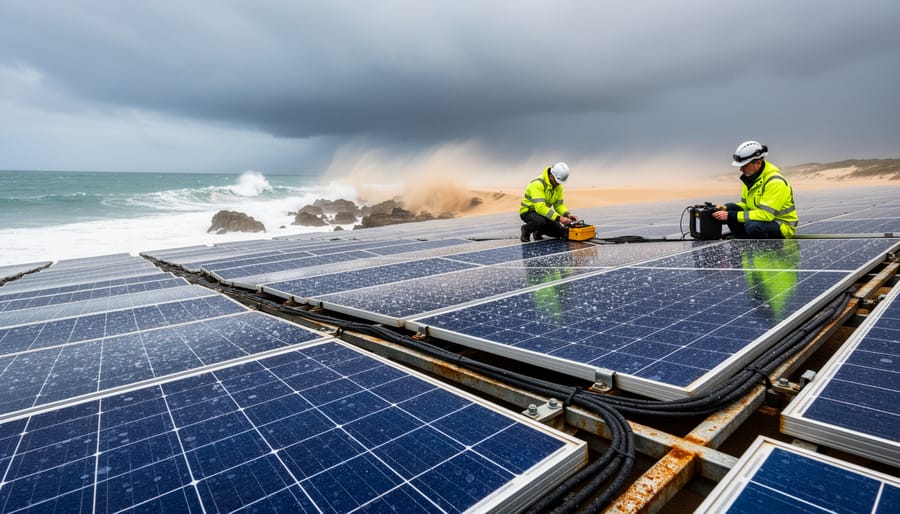 Solar panels on coastal home showing environmental exposure to salt air and weather
