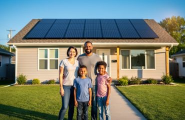 Diverse family of four smiling on the front lawn of a modest home with rooftop solar panels at golden hour, with softly blurred neighboring houses and utility lines in the background.
