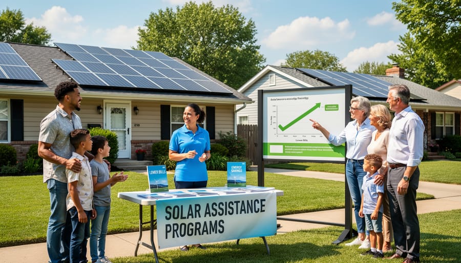 Happy diverse family standing in front of their home with solar panels on the roof