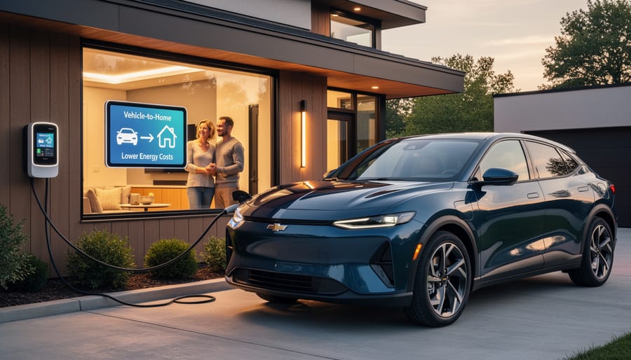 GM electric vehicle plugged into home charger in driveway at dusk with house lights on