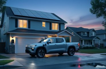 Electric pickup truck in driveway connected to a bidirectional home charger, house lights glowing at twilight with solar panels on the roof, neighboring homes dim in the background.