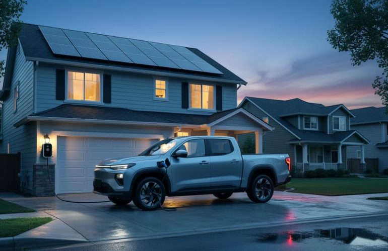 Electric pickup truck in driveway connected to a bidirectional home charger, house lights glowing at twilight with solar panels on the roof, neighboring homes dim in the background.