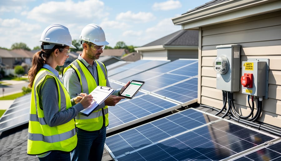 Utility technician inspecting solar farm electrical connection equipment and metering system