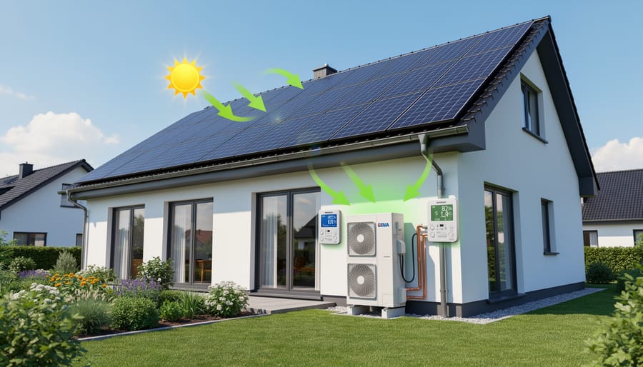Modern heat pump system installed outside home with solar panels on roof