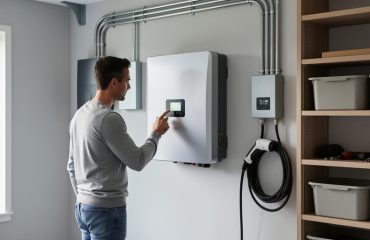 Homeowner inspecting a wall-mounted residential battery energy storage system in a clean garage with soft daylight and blurred utility equipment in the background