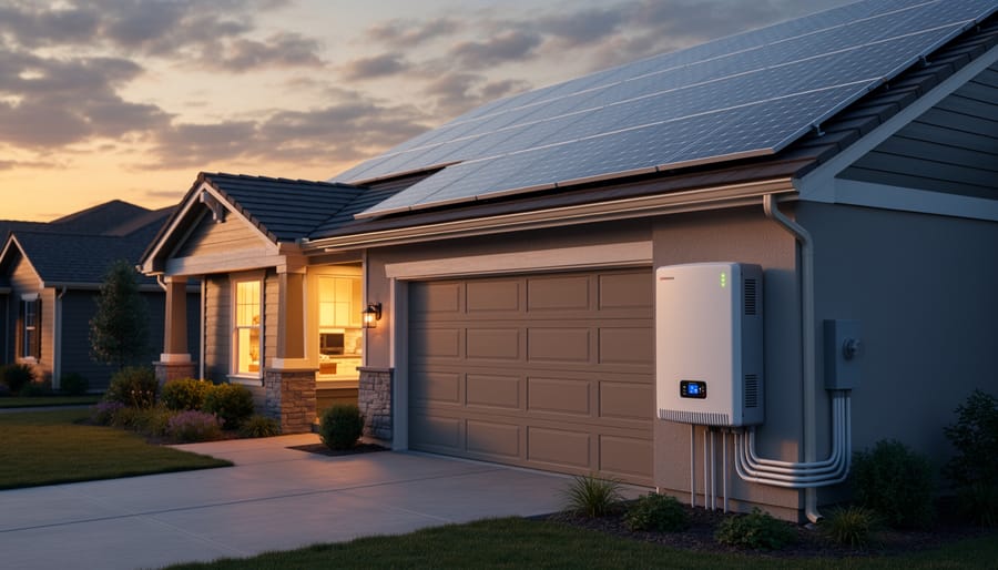 Modern home battery energy storage system installed on garage wall
