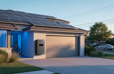 Modern suburban home with rooftop solar panels and a wall-mounted battery in warm golden hour light, with a soft-focus street, trees, and distant utility lines in the background.