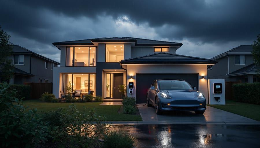 Family comfortable in lit home interior during storm with power outage visible outside