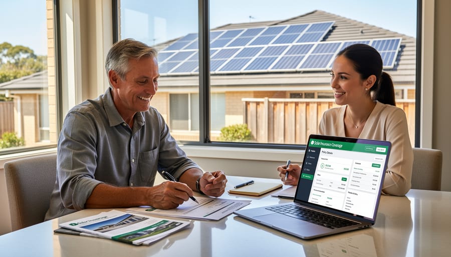 Homeowner meeting with insurance professional to discuss solar panel coverage options