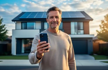 Homeowner holding a smartphone while standing in front of a modern house with rooftop solar panels at golden hour; the screen is visible but contains no readable text; warm light and a partly cloudy sky in the background.