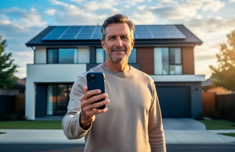 Homeowner holding a smartphone while standing in front of a modern house with rooftop solar panels at golden hour; the screen is visible but contains no readable text; warm light and a partly cloudy sky in the background.