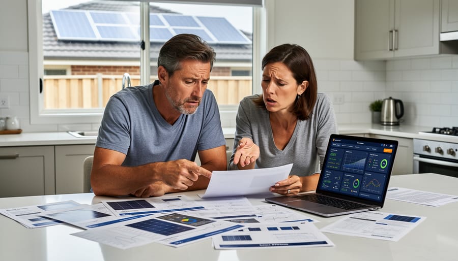 Couple looking confused while reviewing multiple solar energy documents at kitchen table
