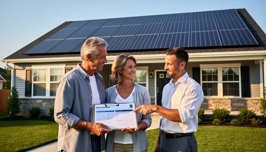 Homeowner examining solar panels installed on residential roof