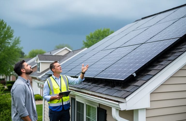 Homeowner and insurance adjuster standing below a suburban house, examining roof-mounted solar panels after rain under overcast light, with panels and subjects in sharp focus and background trees softly blurred.