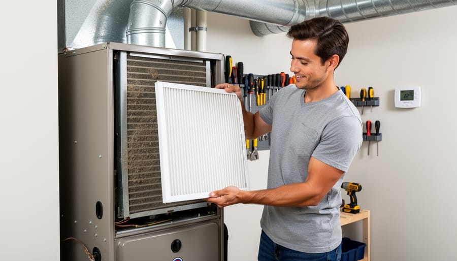 Homeowner replacing air filter in residential HVAC system