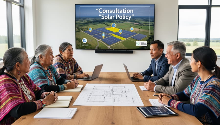 Community consultation meeting between indigenous representatives and solar energy stakeholders