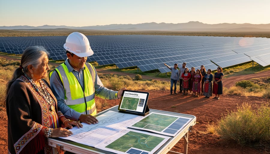 Indigenous hands holding raw mineral ore and solar panel component showing connection between materials and communities
