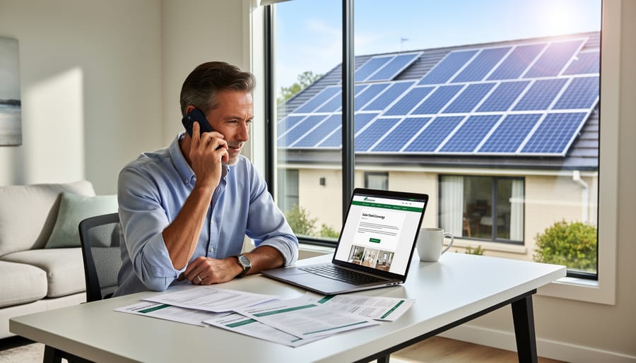 Insurance agent and homeowner discussing solar panel coverage at table