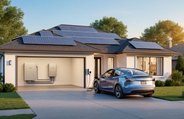 Modern house with rooftop solar panels, an EV charging in the driveway, and a wall-mounted home battery visible in an open garage at sunset.
