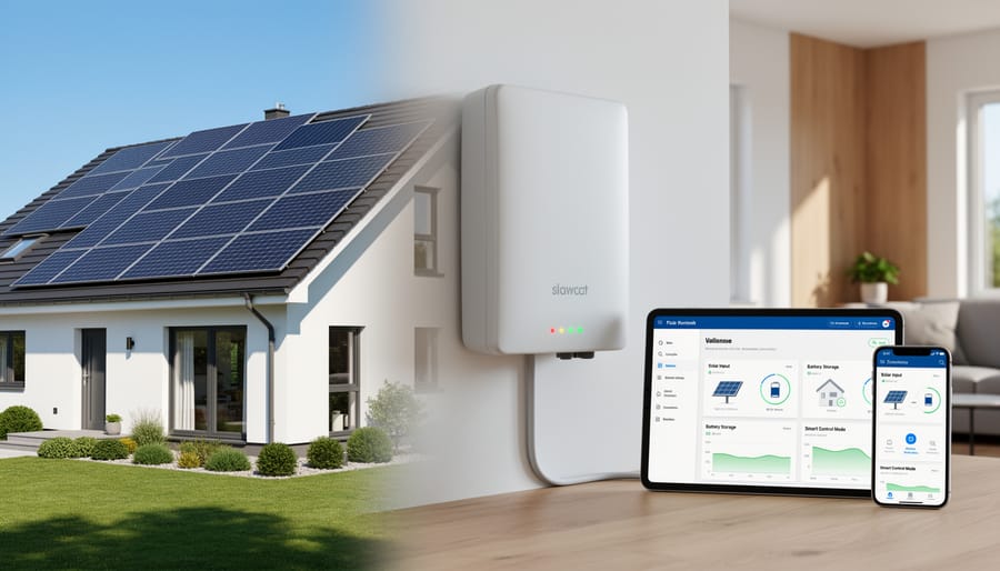 Modern home with solar panels on roof and battery storage system on exterior wall