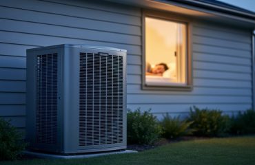 Modern high-efficiency heat pump outside a suburban house at twilight, with warm bedroom window glow, focus on the unit and softly blurred background.