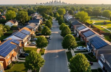 Aerial drone photo of a tree-lined suburban neighborhood at golden hour, with several houses displaying dark blue rooftop solar panels while adjacent homes do not, and a small park and distant skyline in the background.