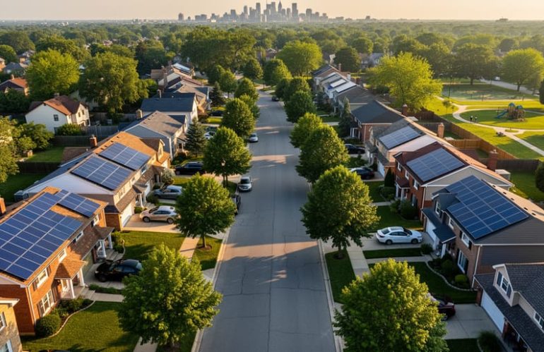 Aerial drone photo of a tree-lined suburban neighborhood at golden hour, with several houses displaying dark blue rooftop solar panels while adjacent homes do not, and a small park and distant skyline in the background.