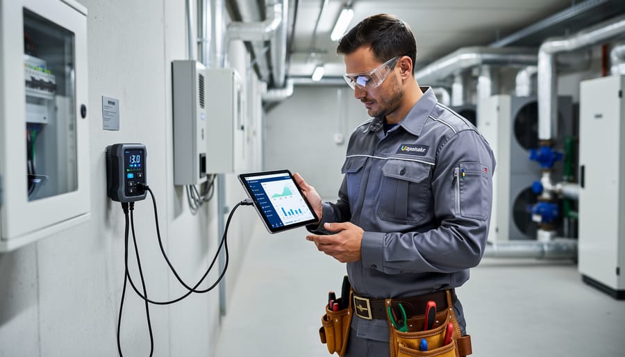 Technician using digital tablet to perform diagnostic check on battery storage system