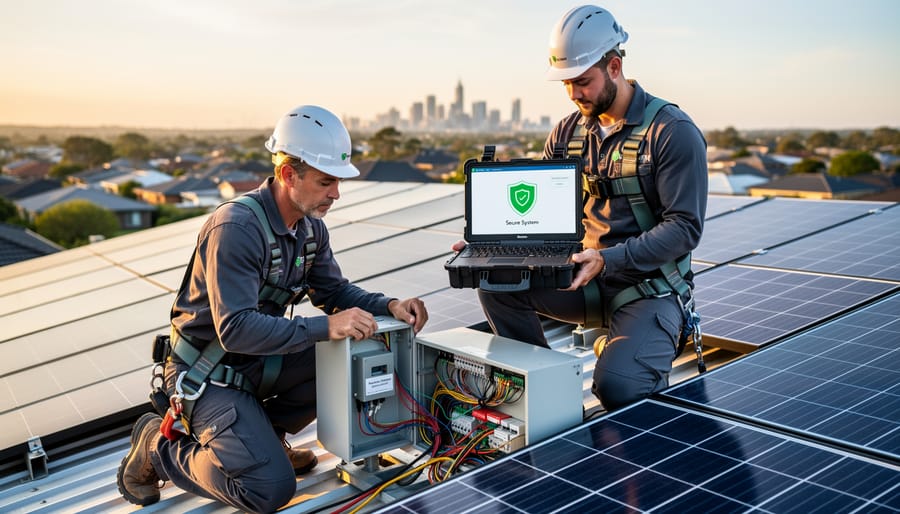 Professional solar installer inspecting inverter equipment on residential installation