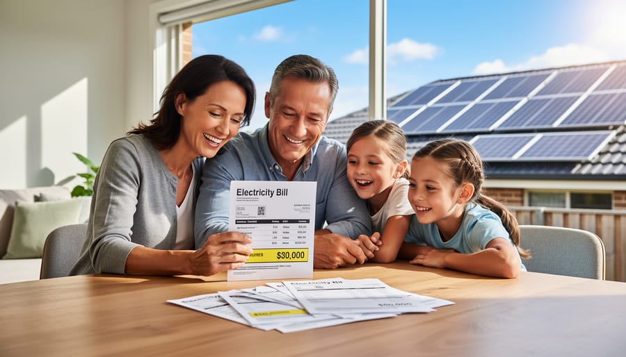 Person reviewing reduced electricity bill with energy savings information on tablet