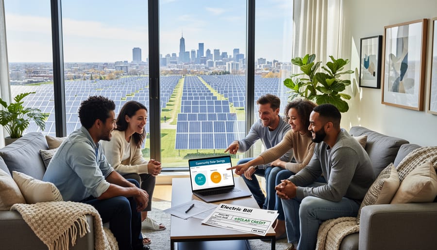 Multi-generational family on apartment balcony with urban solar installations visible in background
