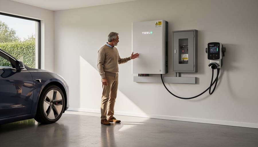 White residential battery energy storage system mounted on home garage wall