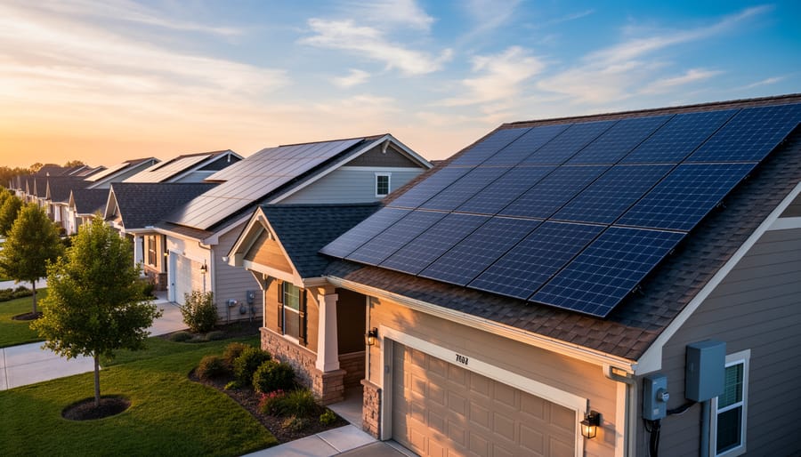 Residential home with solar panels installed across the roof under blue sky