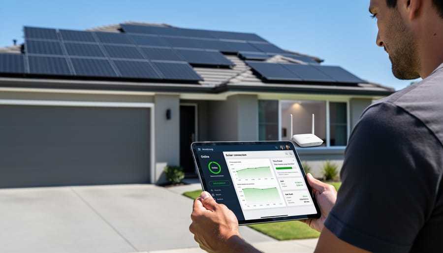 Residential solar panel array installed on suburban home rooftop