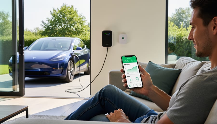 Homeowner monitoring energy management system on smartphone with electric vehicle visible through window