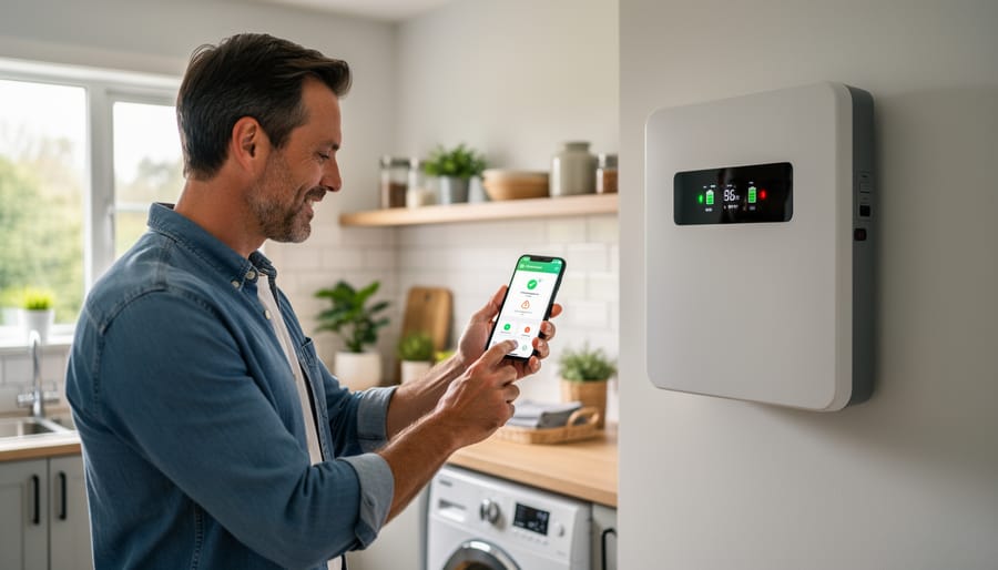 Homeowner checking battery system performance on smartphone monitoring app