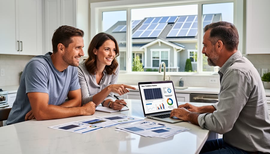 Homeowner reviewing solar information on tablet with solar panels visible in background