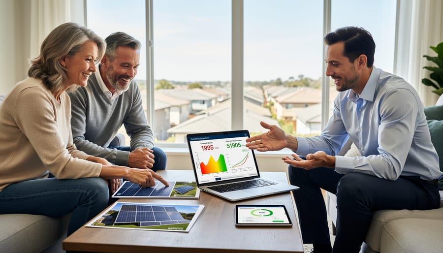 Solar consultant presenting information on tablet to attentive homeowners in residential setting