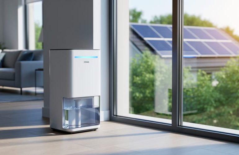 Modern solar-powered dehumidifier beside a bright window in a clean living room, sunlight streaming in with rooftop solar panels and greenery visible outside, suggesting efficient humidity control.