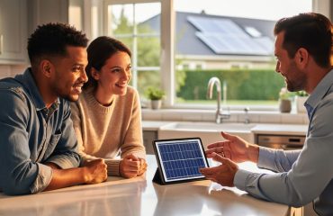 Solar expert showing a small panel sample to two homeowners at a sunlit kitchen table, with rooftop solar visible through the window, conveying an informed, supportive decision moment.