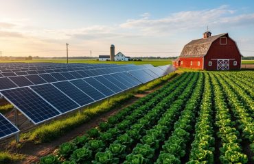 Solar panels aligned beside crop rows on a farm at golden hour, with a barn, farmhouse, and distant transmission lines on the horizon.